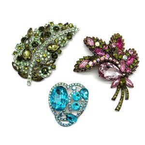 Rhinestone Brooch Set of 3 Leaf Floral Designs Multicolor Gold Silver Tone Resin